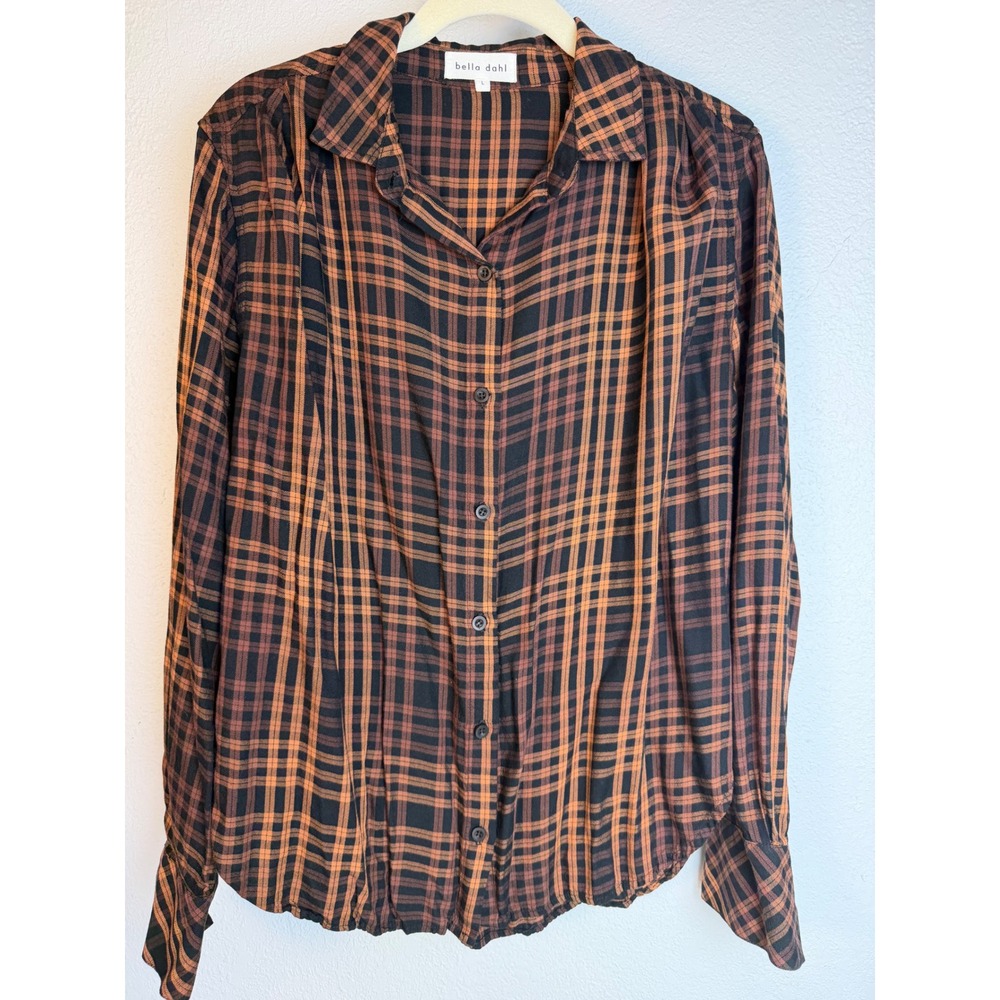 Bella Dahl Button Down Shirt Large Brown Plaid Excellent Rayon Grunge Fall 0825
